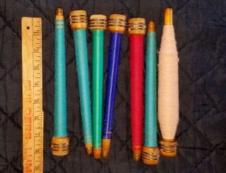 7 Vintage Wooden Industrial Bobbins Spools For Weaving Thread Yarn Spinning
