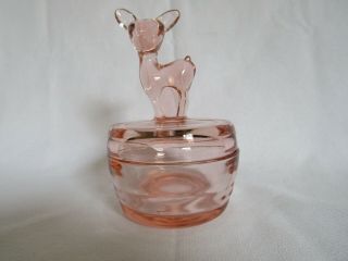 Vintage Jeanette Pink Depression Covered Glass Candy Powder Dish Deer Fawn Lid