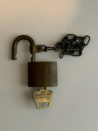 Vintage Us Military American Brass Padlock With Chain