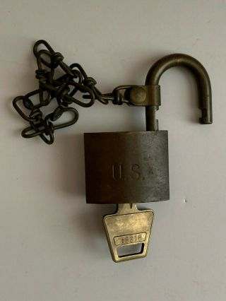 Vintage US Military American Brass Padlock with Chain 2