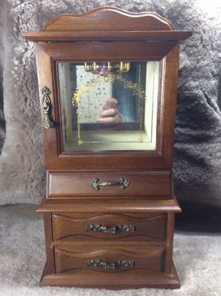 Vintage Wood Jewelry Box Armoire Chest Glass Door Necklace Hanger Mirror