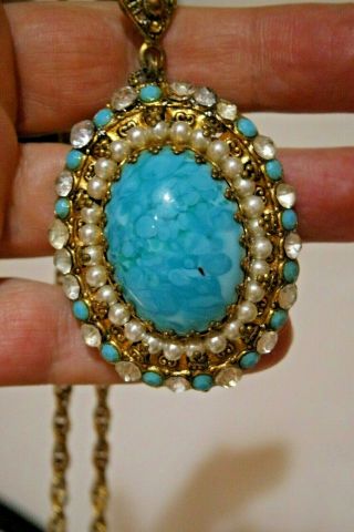 Vintage Made In Western Germany Turquoise Color Glass Chain Pendant Necklace