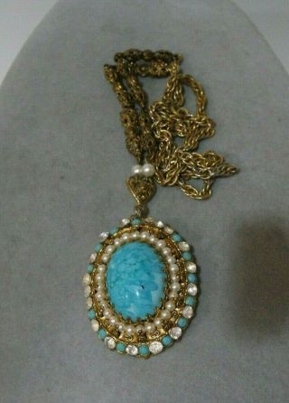 VINTAGE MADE IN WESTERN GERMANY TURQUOISE COLOR GLASS CHAIN PENDANT NECKLACE 3
