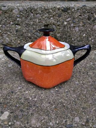 Vintage Lusterware Art Deco Orange And Black Sugar Bowl With Lid Made In Bavaria