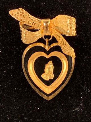 Vintage Goldtone And Black Pin With Bow Heart And Praying Hands