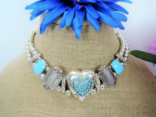 Unusual One Of A Kind Vintage Silver Rhinestone Turquoise Heart Runway Necklace