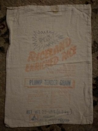 Vintage Riceland Foods Brand 25lbs.  Cloth Plump Tender Grain Rice Bag / Sack -