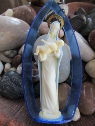 Vtg Figural Italy Madonna & Christ Child Ornament W/blue Plastic Partial Orb