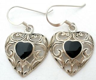 Heart Earrings With Black Onyx Sterling Silver Dangle Vintage Gemstone Jewelry