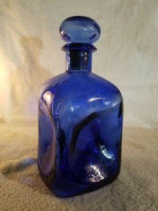Vintage Mid Century Modern Blue Art Glass Pinch Bottle Decanter Approx 9 " Tall