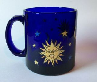 Vintage Cobalt Blue Celestial Sun Moon Stars Libbey Coffee Cup Mug Made In Usa