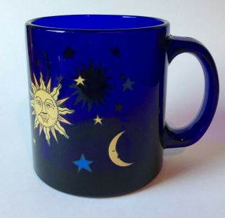 Vintage Cobalt Blue Celestial Sun Moon Stars Libbey Coffee Cup Mug Made In USA 2