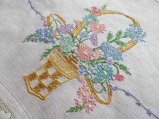 Vintage Hand Embroidered Linen Tray Cloth - Floral Basket - Lace Edging