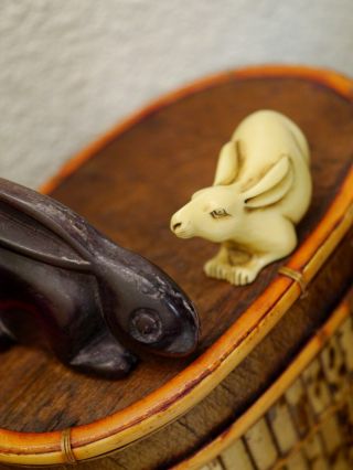 2 Wonderful Vintage Chinese Carved Rabbits Of Bovine Bone & Unknown Materials