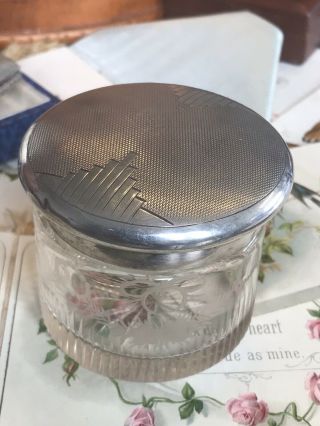 Antique Vintage Art Deco Sterling Silver Screw Top Etched Glass Trinket Jar