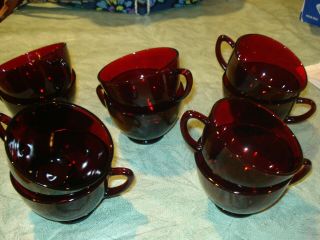 Set Of 10 Vintage Anchor Hocking Glass Royal Ruby Red Punch Bowl Cups