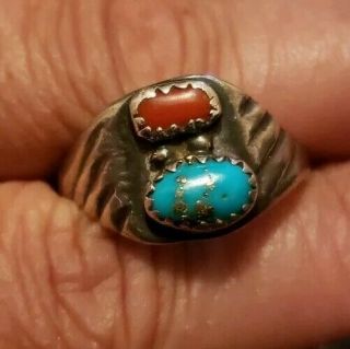 Vintage Sterling Silver Navajo Turquoise And Coral Native American Ring