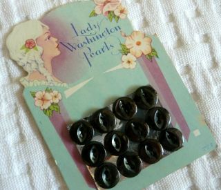 Rare Vtg Lady Washington Pearls 12 Black Buttons On Card Made In U.  S.  A.