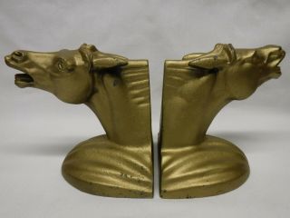 Vintage Pair Cast Metal Horse Head Bookends 5 - 3/8 " Tall Gold Paint