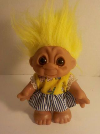 Vintage 1988 Thomas Dam Norfin Troll Doll 7 " Girl In Dress Yellow Hair