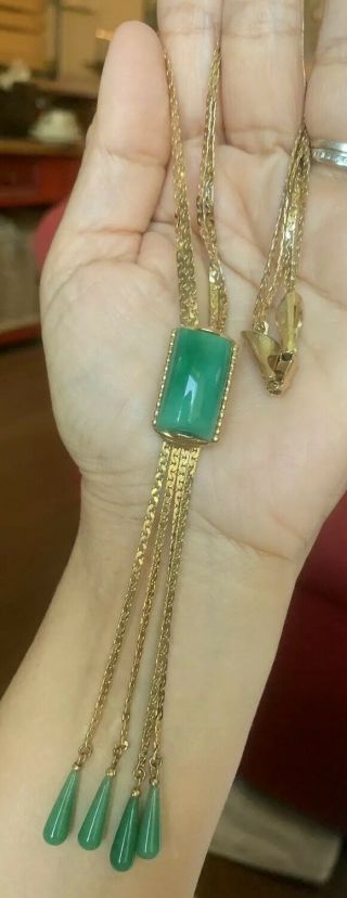 Divine Vtg Midcentury Peking Glass Faux Jade Gold Lariat Tassel Choker Necklace