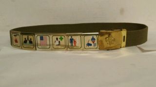 Official Boy Scouts Of America Bsa Belt With 6 Badges And Brass Buckle Vintage