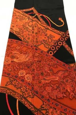 @@japanese Vintage Kimono/ Tomesode Black Silk Fabric/ Embroidered 2 Birds G4
