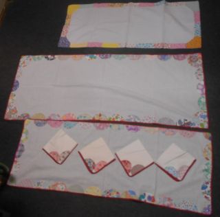 3 Vintage Cotton Hand Quilted Appliqued Colorful Table Runners & 4 Dinner Napkin