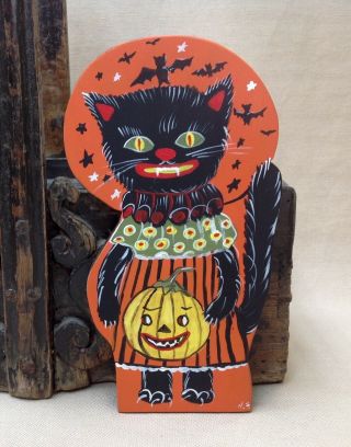 Halloween Cat Painting On Wood,  Vintage Style Halloween Art Decorations