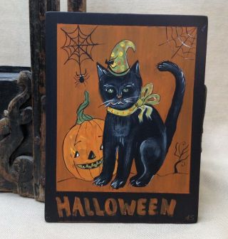 Halloween Cat Painting On Wood,  Vintage Style Halloween Art Decor