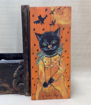 Halloween Cat Painting On Wood Board Vintage Style Naive Primitive Art