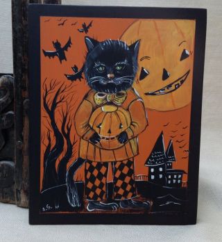 Halloween Cat Painting On Wood Board,  Vintage Style Halloween Art Decor