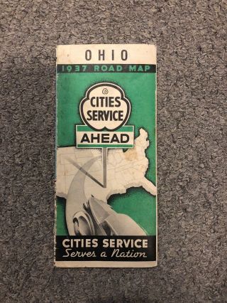 Vintage 1937 Road Map Of Ohio Cities Service Station Gas And Oil Advertising