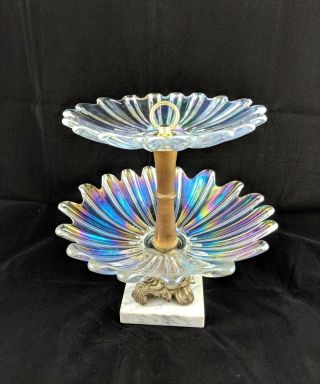Vtg Italian Hand Crafted Opalescent Glass 2 - Tier Pedestal Serving Candy Dish