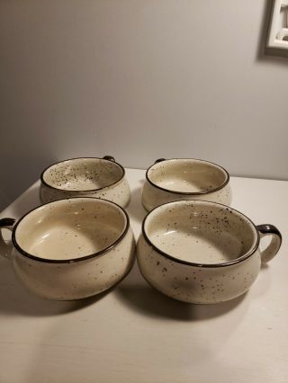Vintage Large White And Brown Speckled Soup Mugs With Handle Set Of 4