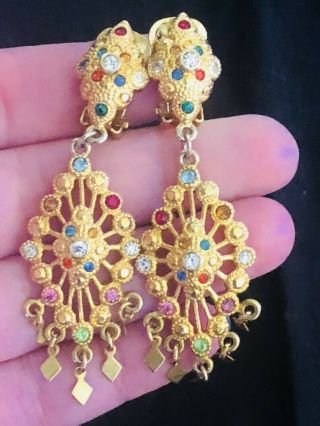 Vintage Gold Tone Chandelier Dangle Earrings W Multi - Colored Rhinestones,  Clip On