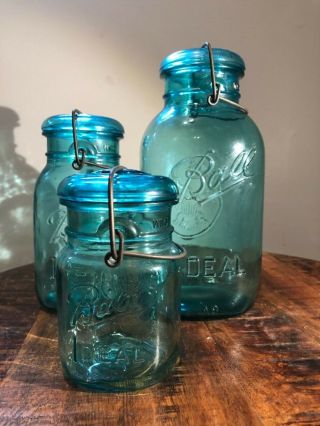 Vintage Ball Ideal Blue Glass Canning Jar Wire Bale Glass Lid 3 Sizes