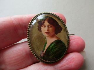 Antique Vintage Art Nouveau Deco Gold P Enamel Lady Picture Brooch Pin C Clasp