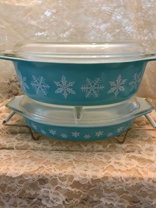 Vintage Pyrex Oval Turquoise Snowflake Divided 1 - 1/2 Qt & 2 - 1/2 Qt Dishes W/lids