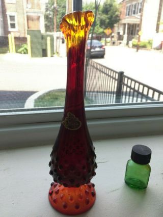 Vintage Fenton Art Glass Deep Red Orange Hobnail 9 " Rose Bud Swung Vase