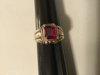 Vintage Sterling Silver Men’s Ring W/10k Gold Top And Red Stone