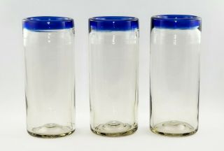 Vtg Mexican Hand Blown Cobalt Blue Rimmed Tumblers/glasses (3) Cond.