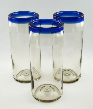 Vtg Mexican Hand Blown Cobalt Blue Rimmed Tumblers/Glasses (3) COND. 2