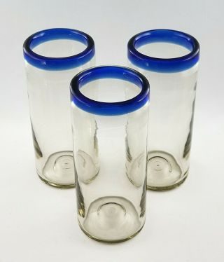 Vtg Mexican Hand Blown Cobalt Blue Rimmed Tumblers/Glasses (3) COND. 3