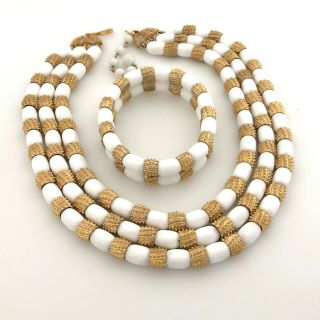 Vintage Jewelry Trifari White Glass Bead Necklace Bracelet Set Statement Gold Tn