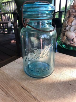 Old Vintage Ball Ideal Blue Glass Quart Canning Jar 1 With Lid Wire Bail