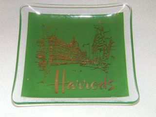 Vtg.  Harrods Glass Dish - Green And Gold Design -