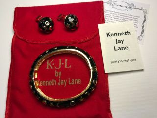 Vintage Kjl Kenneth Jay Lane Black Enamel & Gold Moon & Star Bracelet & Earrings