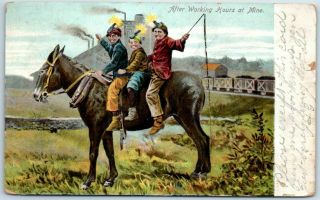 Vintage Mining Postcard " After House At Mine " Kids On Donkey 1906 Cancel