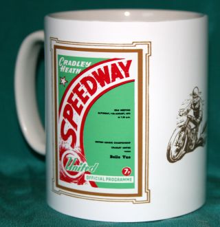 Cradley Heath V Belle Vue 1973 Speedway Mug.  Vintage Programme Design.  Bnib